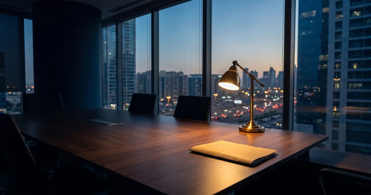 An empty meeting-room table with a closed document folder under a warm desk lamp, city lights blurred through the windows at dusk