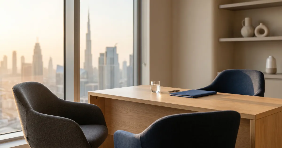 Editorial photo of a calm modern UAE family-law consultation office with documents and soft daylight