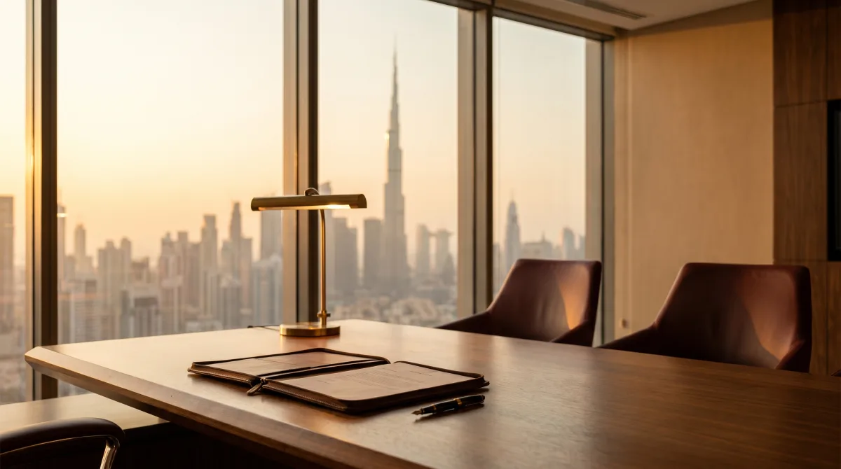 Editorial portrait of a UAE law-firm boardroom with desert-toned light, an open contract on the table, and a Dubai skyline framed by tall windows.