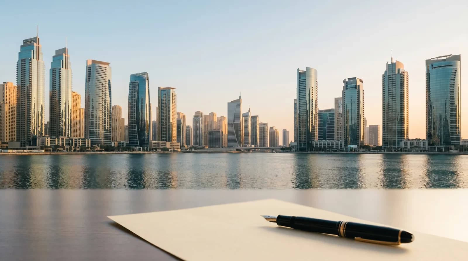 Modern Dubai skyline at golden hour beside a desk with a blank business document, illustrating company registration in Dubai.