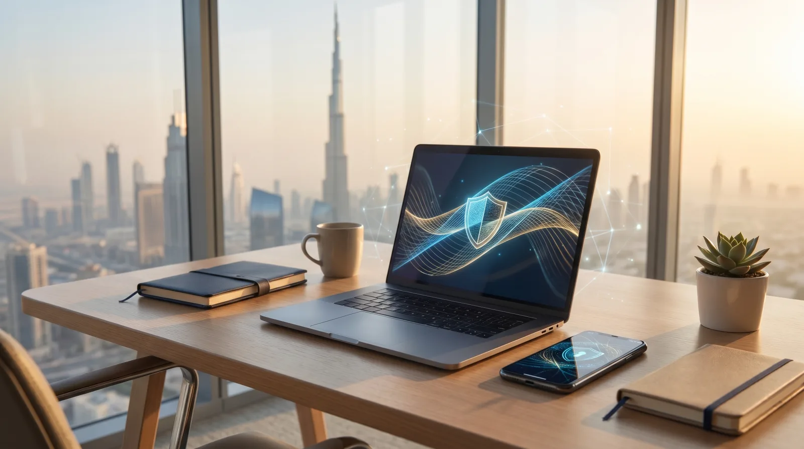 A modern UAE desk with a smartphone and laptop showing abstract secure-network graphics, a faint Dubai skyline at golden hour in the background.