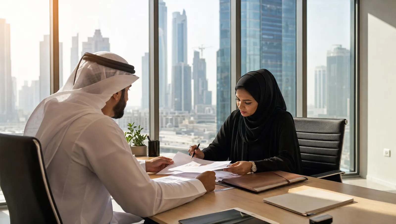 Two people reviewing company formation documents in a modern UAE office overlooking a city skyline