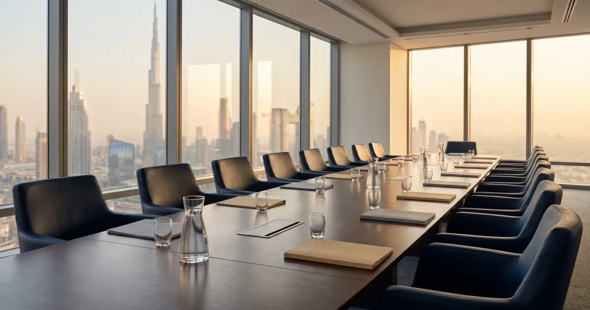 Editorial photo of a calm modern Dubai meeting room set for an international arbitration hearing at golden hour.