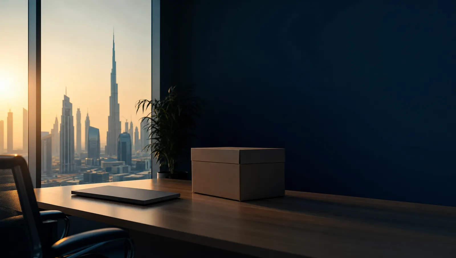 Empty office desk with a packed cardboard box and closed laptop beside a window overlooking a Dubai skyline at dawn