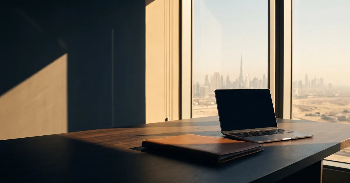An open laptop with a dark screen and a leather portfolio on a wooden table by a window overlooking a hazy Dubai skyline at dawn