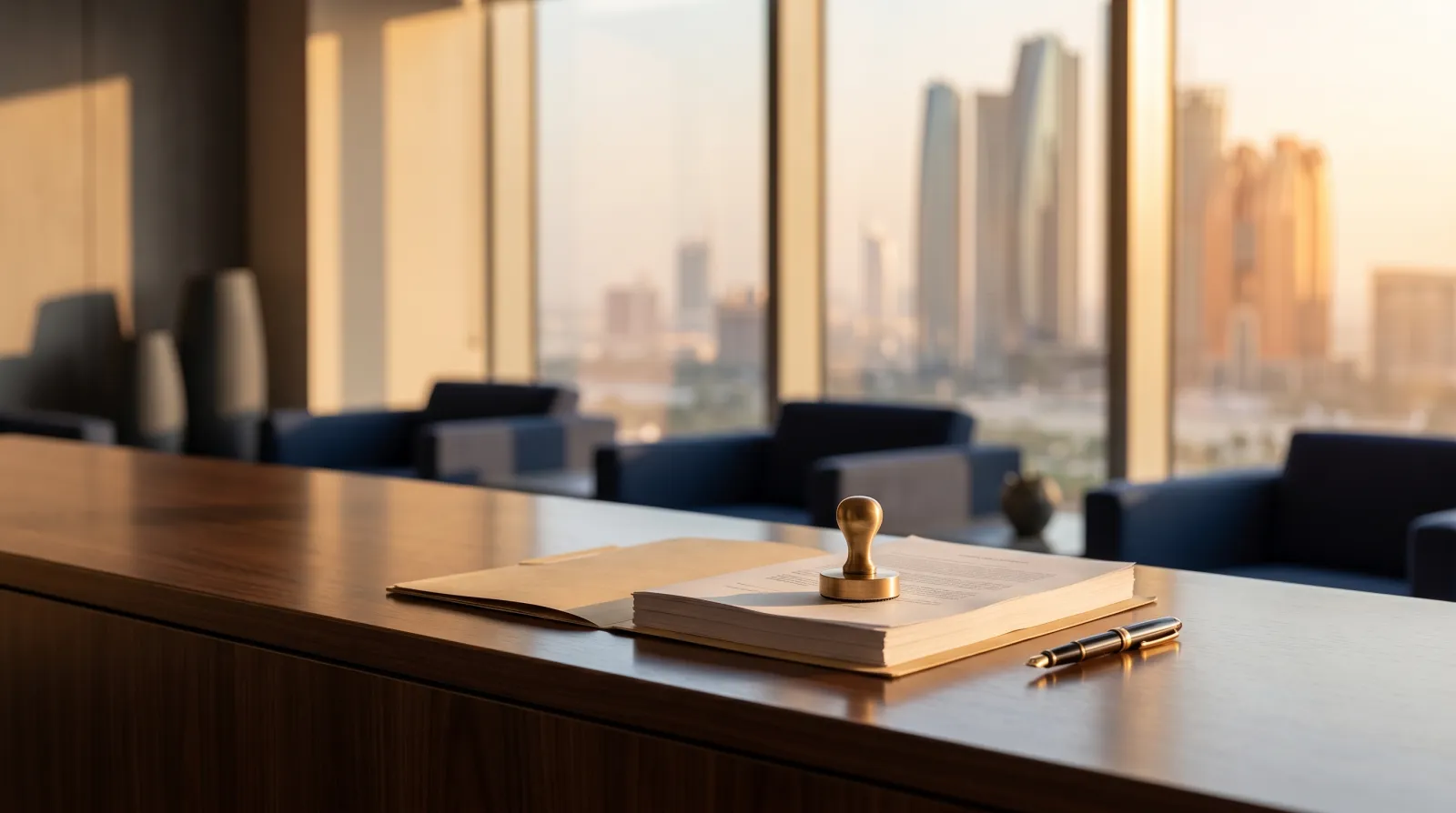 A UAE courtroom gavel resting on official documents beside an empty defendant chair, symbolising a judgment issued in absence