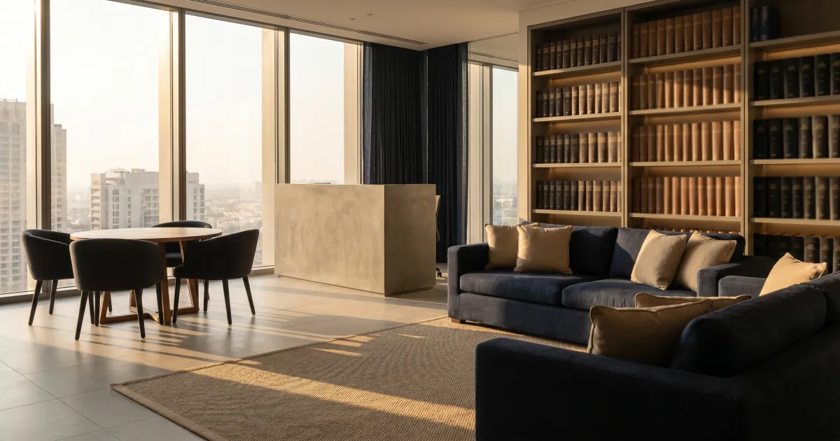 Editorial photograph of a calm modern Dubai law office reception with warm daylight, neutral tones, and a meeting area.