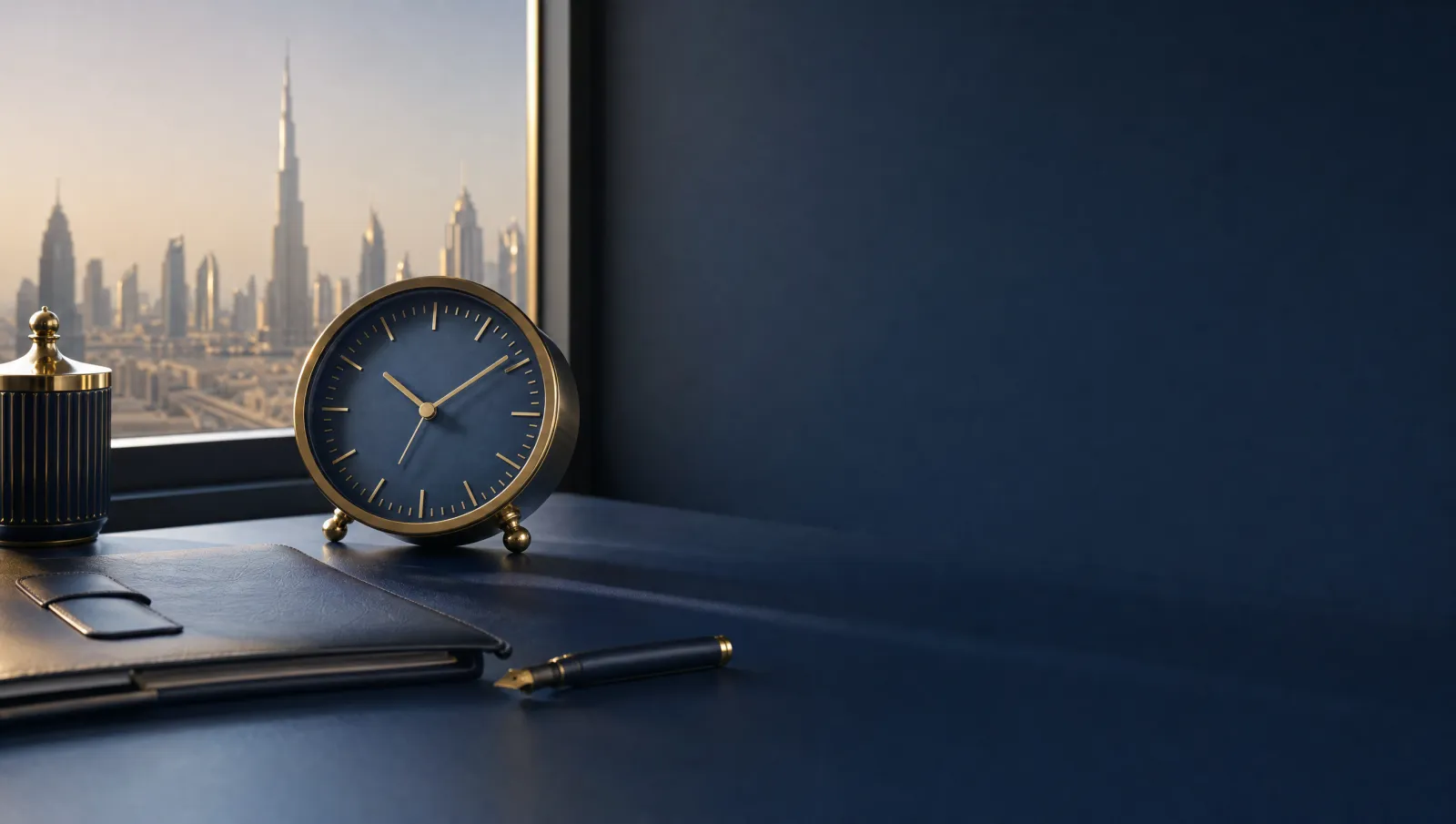 Desk clock beside a fountain pen and a closed folder on a dark desk, with a blurred city skyline through the window behind