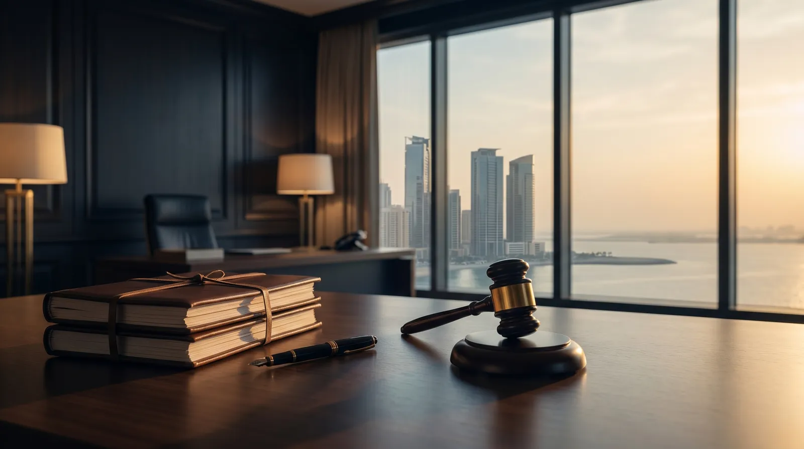 An Ajman lawyer's desk with the Ajman skyline beyond the window, legal documents and a gavel in warm light
