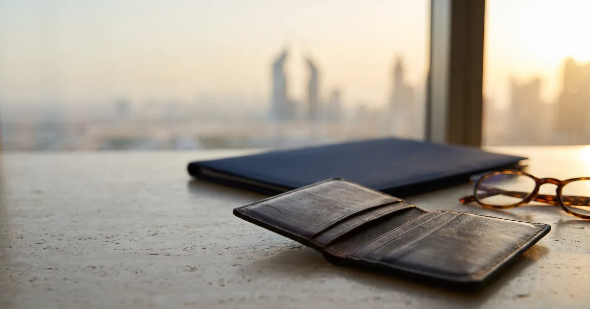 An open leather card wallet with one empty card slot on a stone desk beside a closed document folder in soft morning light