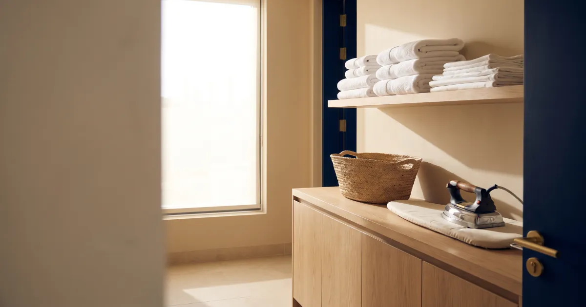 Neatly folded linens and a woven basket in a bright utility room of a modern Dubai villa in morning light