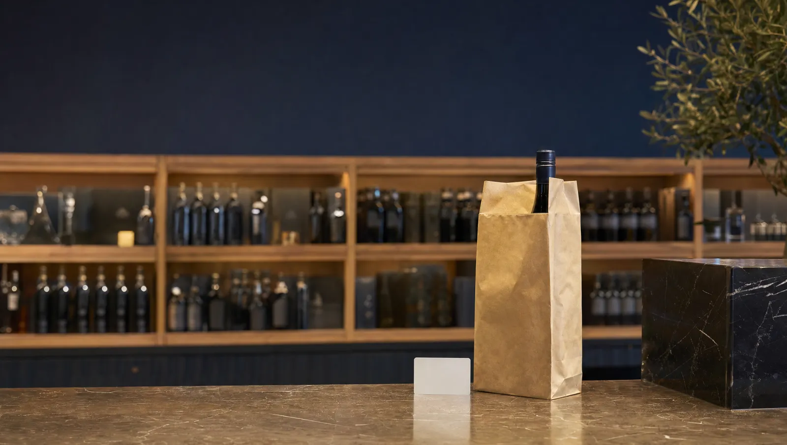 Closed dark bottle in a paper bag on a retail counter beside a blank permit card under warm store lighting