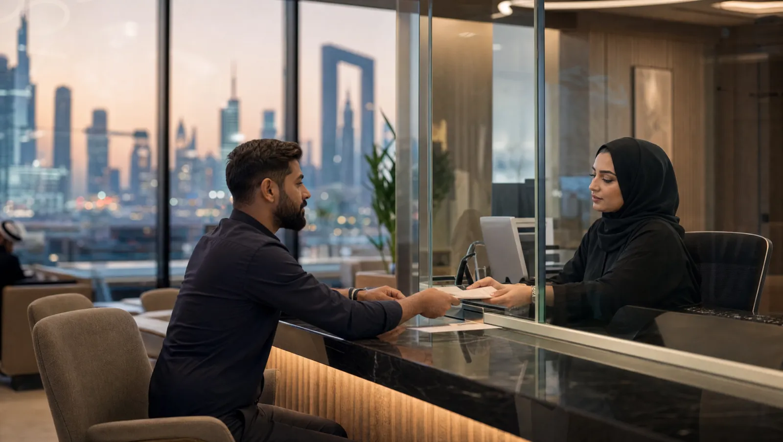 A customer handing documents across the counter at a UAE exchange house while arranging an international transfer.