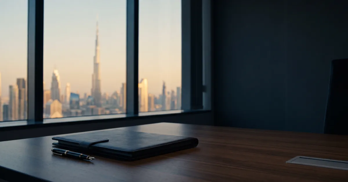 A closed document folder and pen on an office desk beside a window overlooking the Dubai skyline at dusk