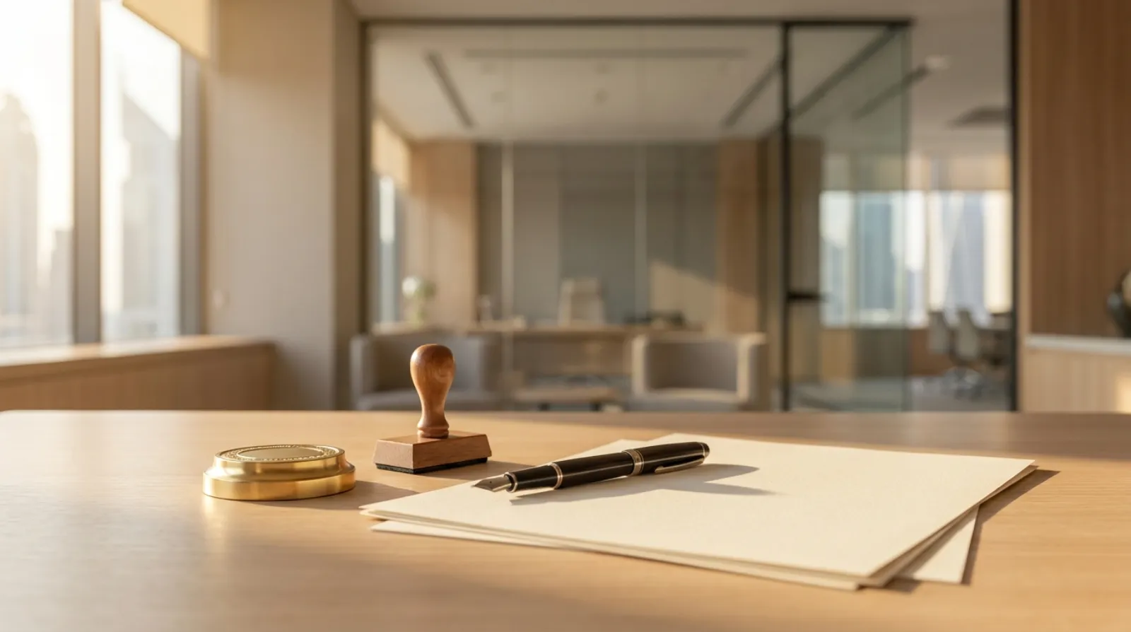An official seal, stamp, and pen resting on formal documents on a desk, evoking notarization
