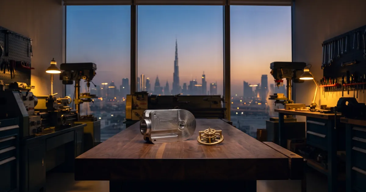 A precision-machined metal prototype on a dark walnut workbench in a Dubai workshop at dusk, with the city skyline softly blurred behind it