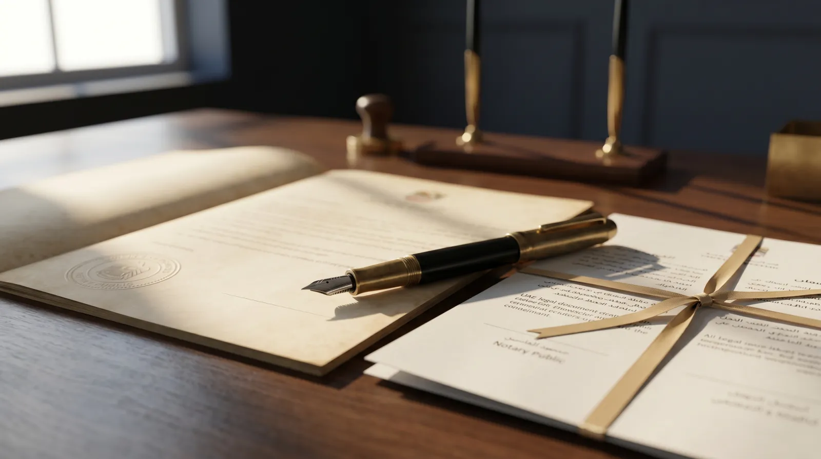 Notary Public desk with an official UAE document, embossed stamp, and pen ready for a power of attorney signing