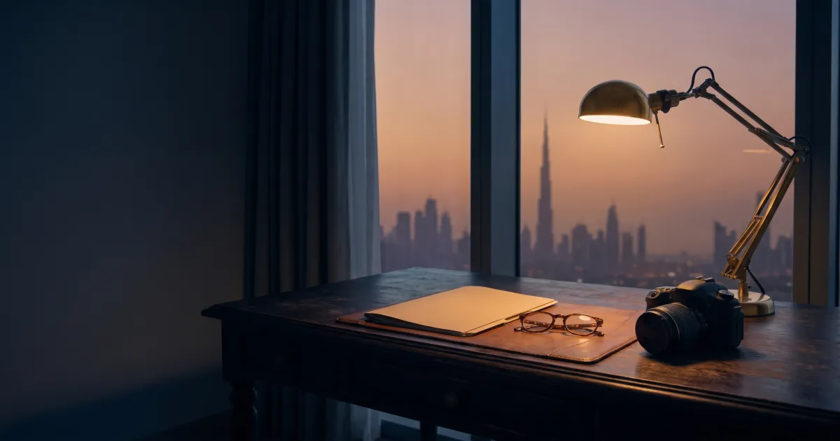A closed folder and a switched-off camera on a wooden desk by a window overlooking the Dubai skyline at dusk