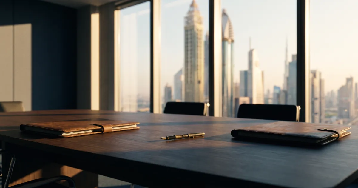 Two closed leather document folders at opposite ends of an empty boardroom table in Dubai at golden hour, with a fountain pen between them