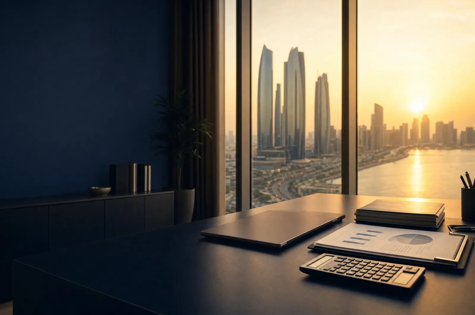 Tidy Abu Dhabi office desk with tax documents and a calculator beside a window overlooking the city skyline at golden hour