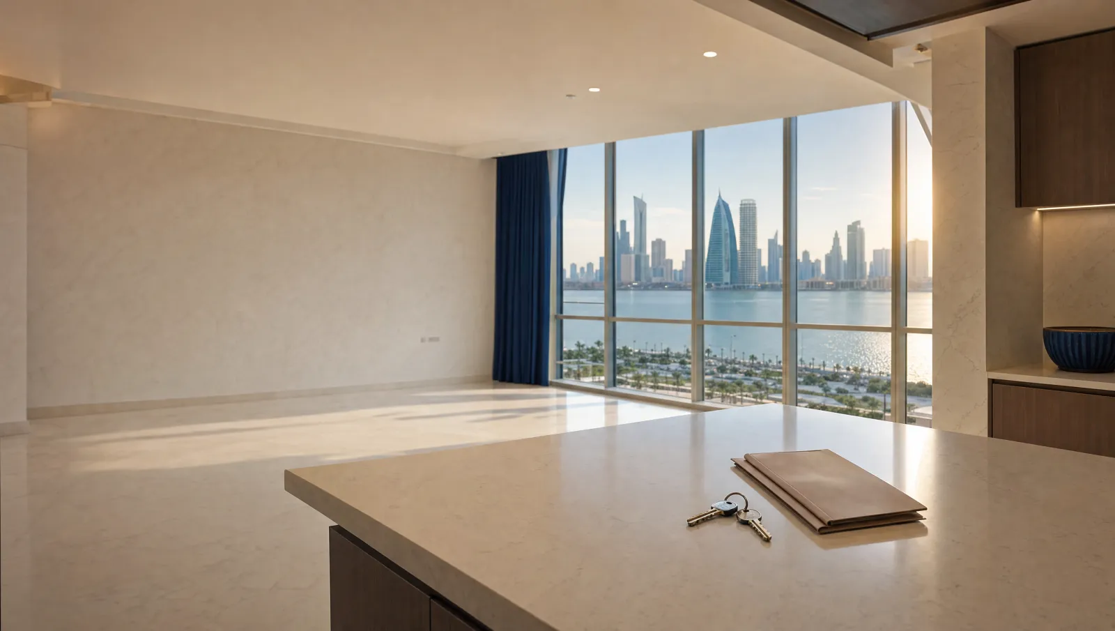 Keys and a closed document folder on a kitchen counter in an empty Abu Dhabi apartment with a soft-focus Corniche skyline through the window
