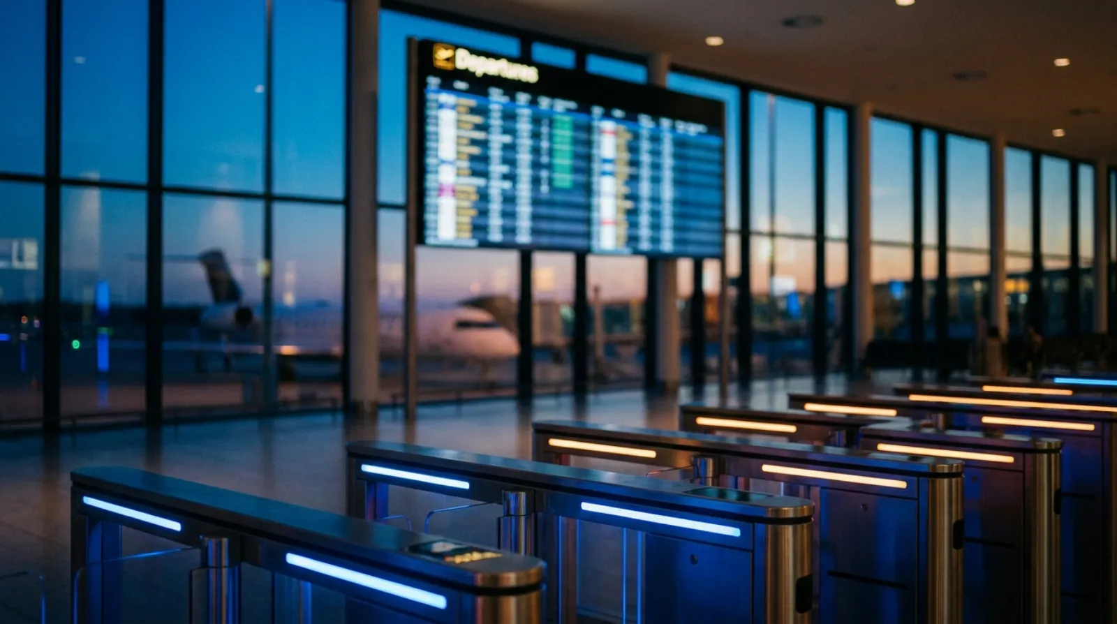 Airport passport-control gates beside a departures board, evoking travel restrictions and border checks