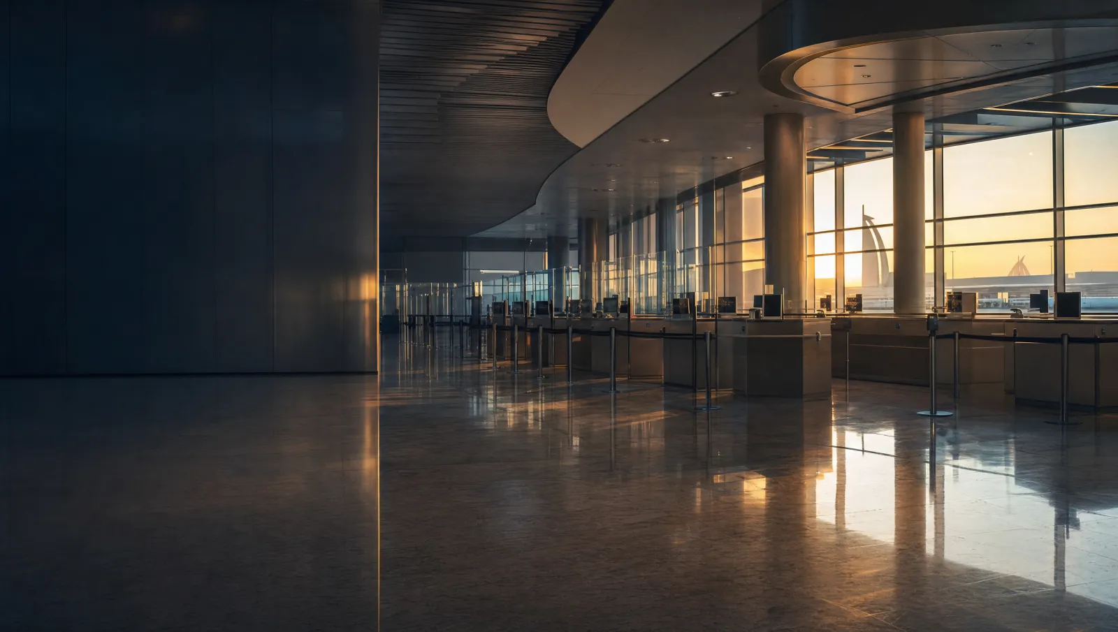 Empty passport control desks in a modern UAE airport departure hall lit softly at dawn