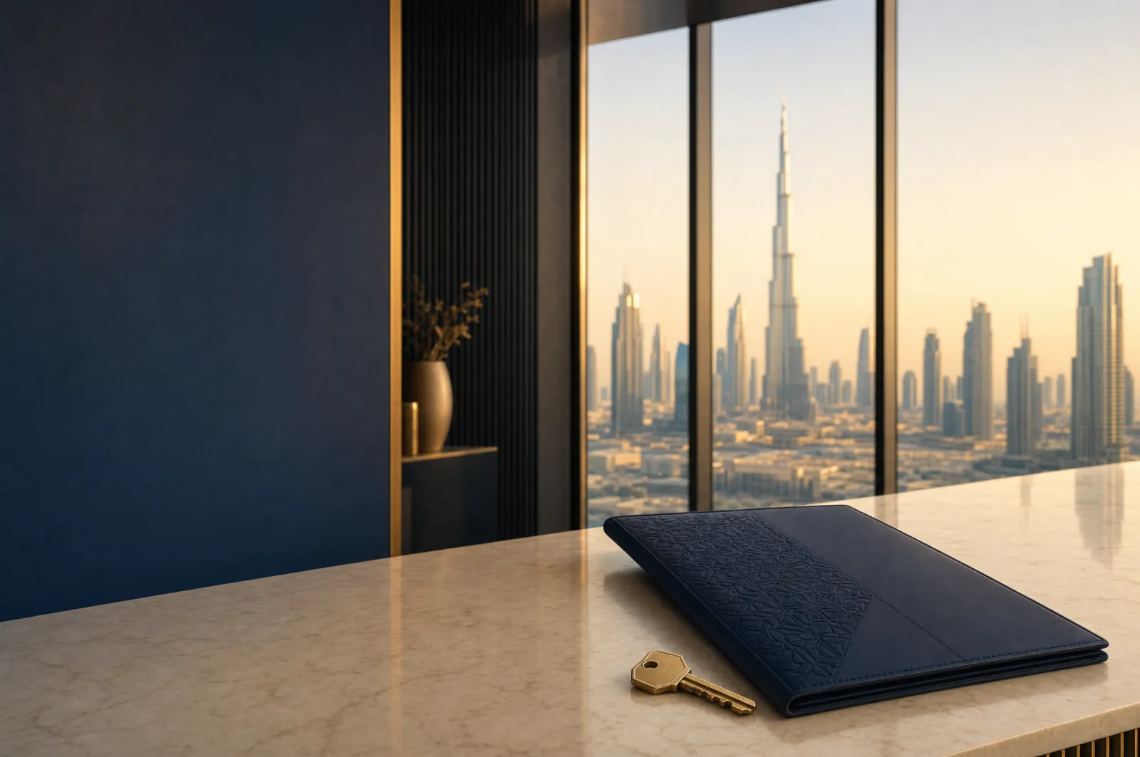 Modern service counter with a closed document folder and brass key in front of a soft-focus Dubai skyline at golden hour