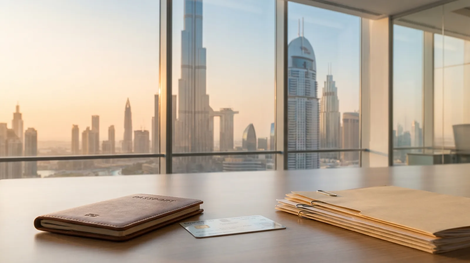 A passport, an ID card, and a document folder on a desk by a window overlooking the Dubai skyline at golden hour.