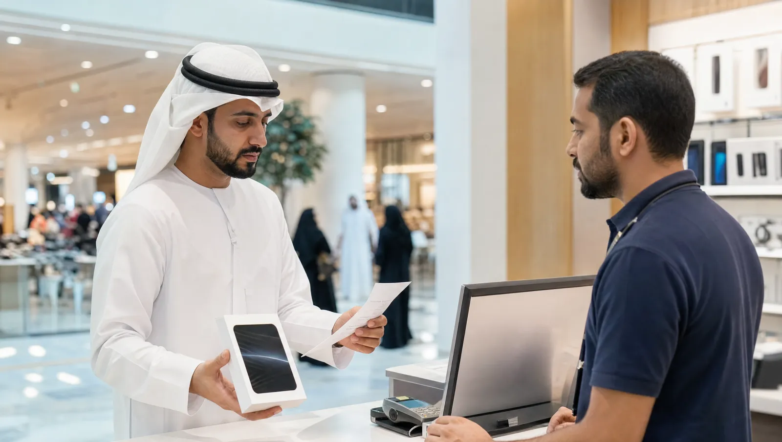 A shopper presenting a receipt and a boxed product at a store service desk in the UAE