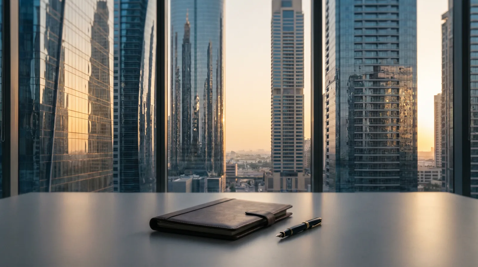 Modern UAE business district skyline at golden hour with a minimalist desk and folder in the foreground, illustrating corporate tax in the UAE.