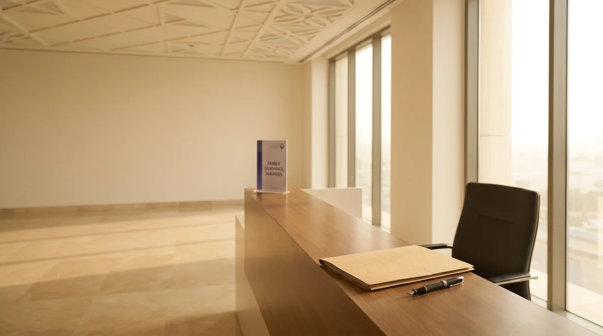 Editorial photograph of a calm UAE home office desk with marriage certificate, pen, and indigo notebook — representing UAE divorce cost planning.