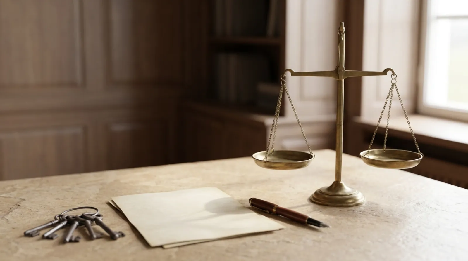 Balanced brass scales beside a set of house keys and property documents on a warm stone desk, evoking the division of an estate