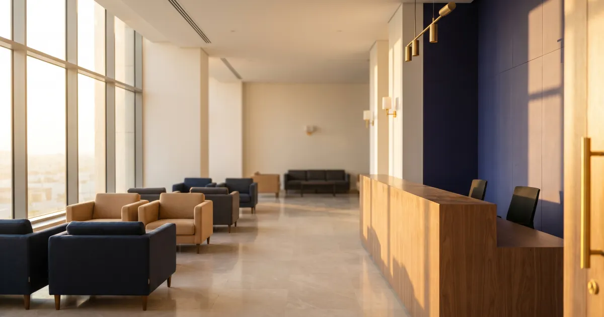 Calm modern UAE family-court reception interior with warm sand and navy tones in soft daylight