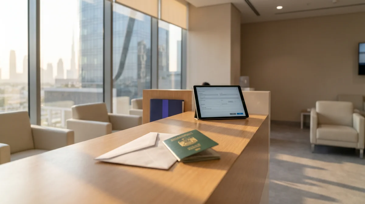 Editorial photo of UAE residency documents and passport on a neutral desk symbolising Good Conduct Certificate application.