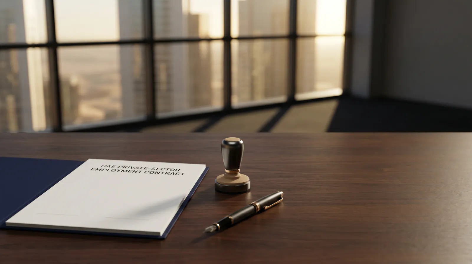 Open UAE labour contract on a desk beside an official stamp, symbolising work-permit rules after the 2022 reform