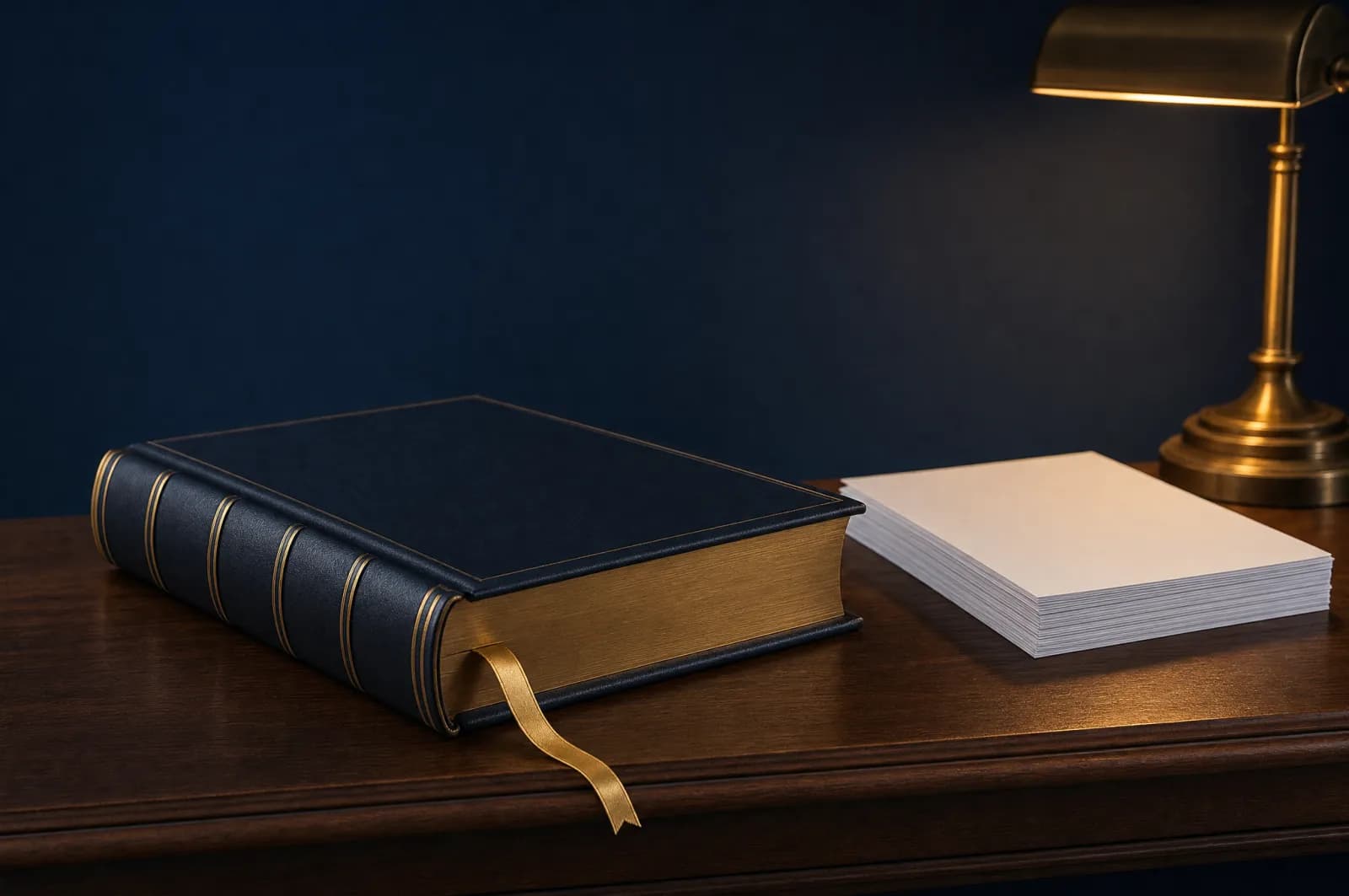 Closed bound legal volume with a gold ribbon bookmark beside blank white pages on a dark desk under warm lamp light