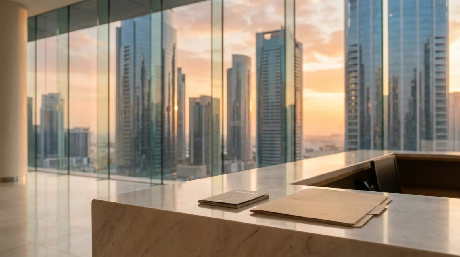 Modern Dubai business district skyline at dusk with glass office towers