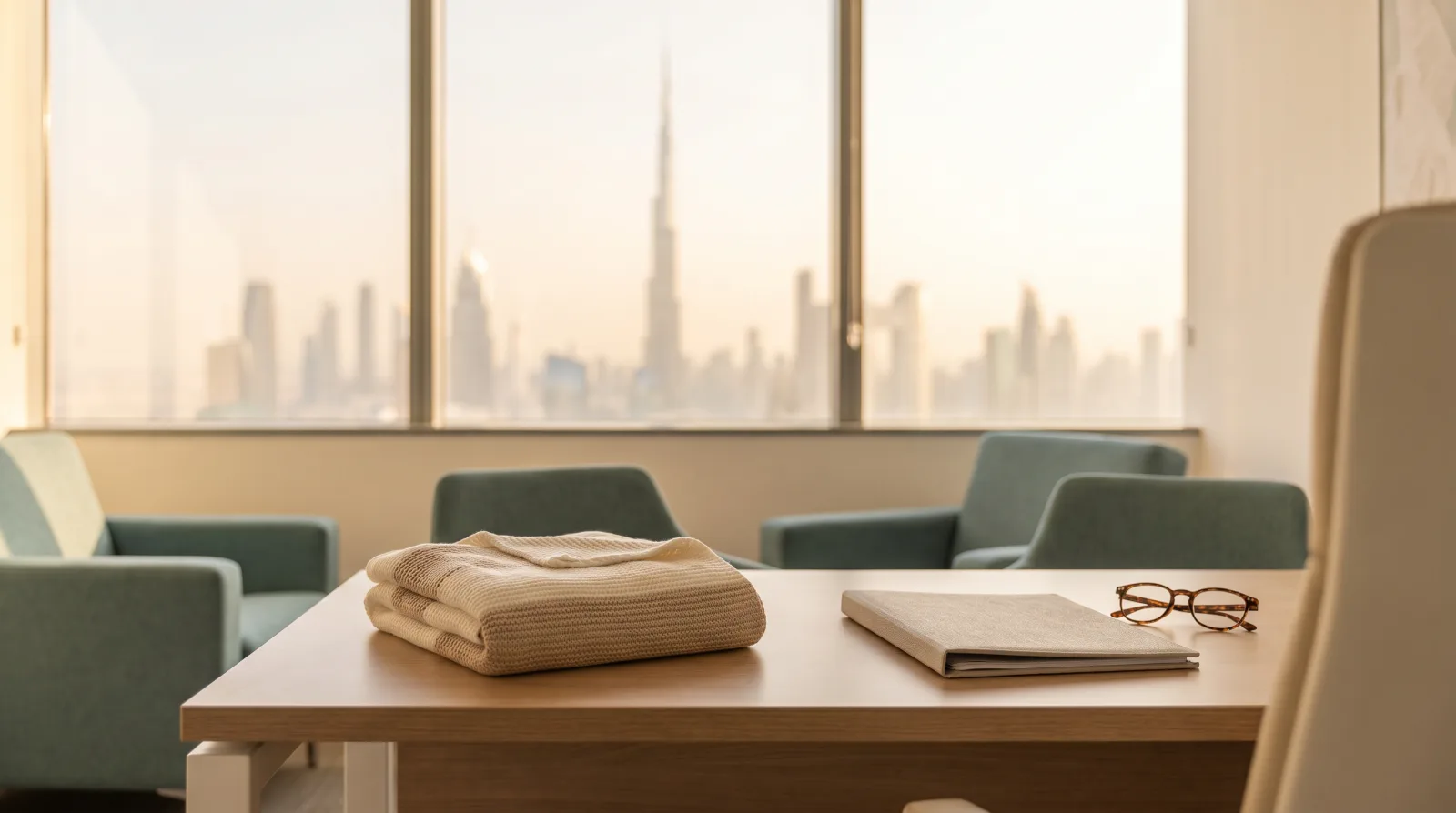 A tidy modern desk with a folded baby blanket and a document folder beside a window overlooking a softly blurred UAE city skyline at golden hour.