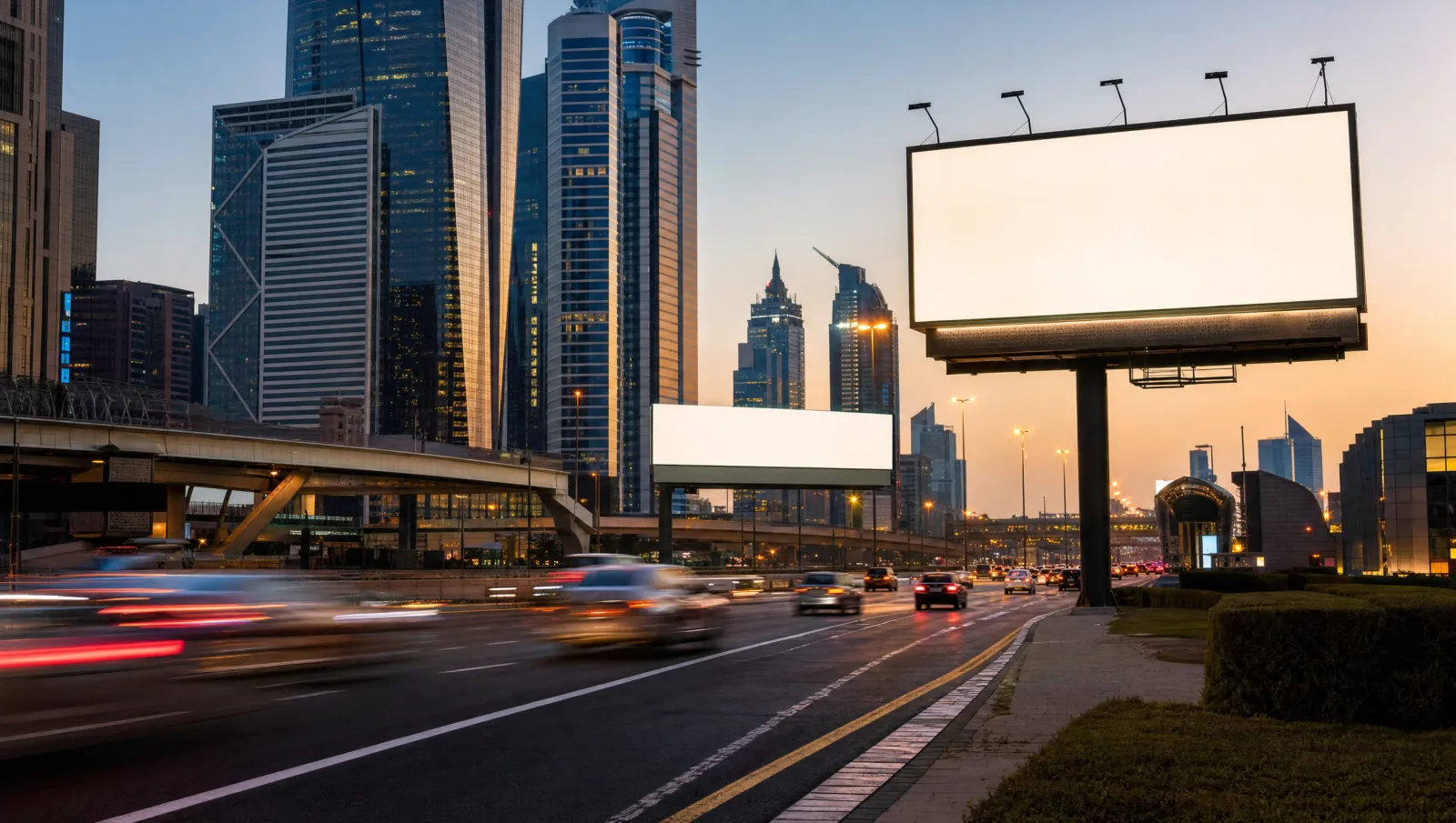 Blank illuminated billboards above a Dubai road at dusk with office towers behind