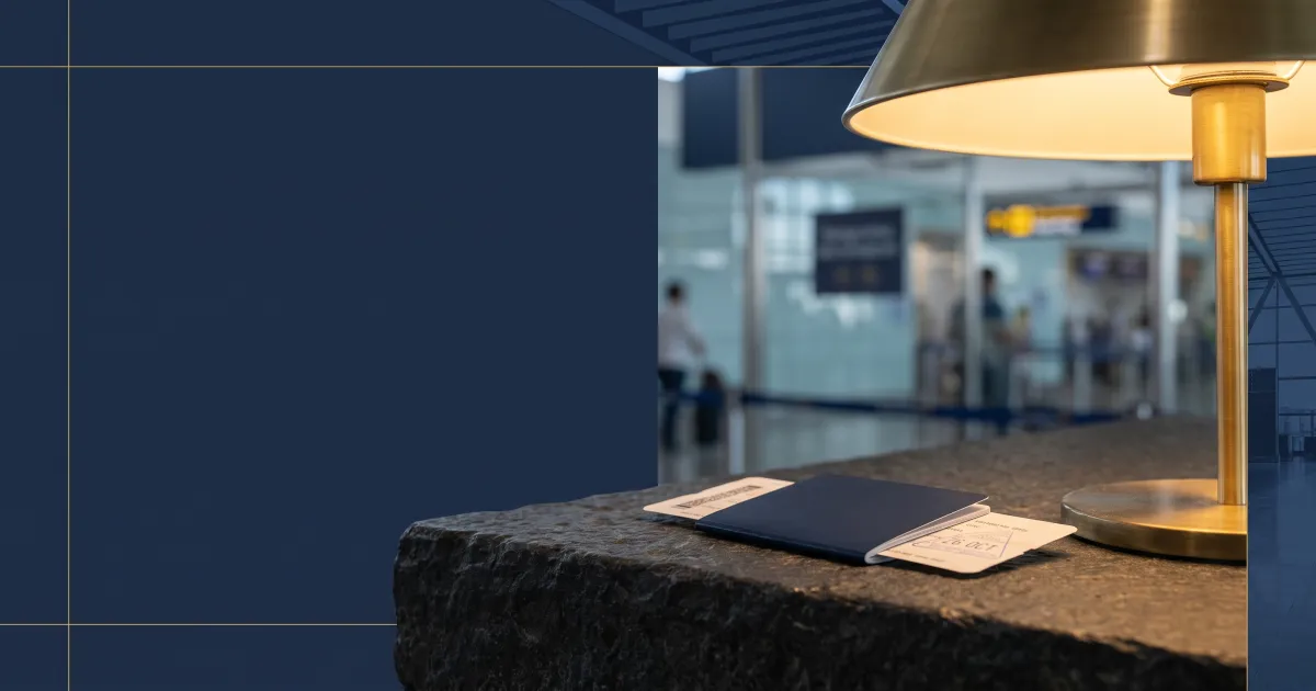 Passport and boarding pass on an airport counter under gold light, illustrating a UAE overstay fine check before departure