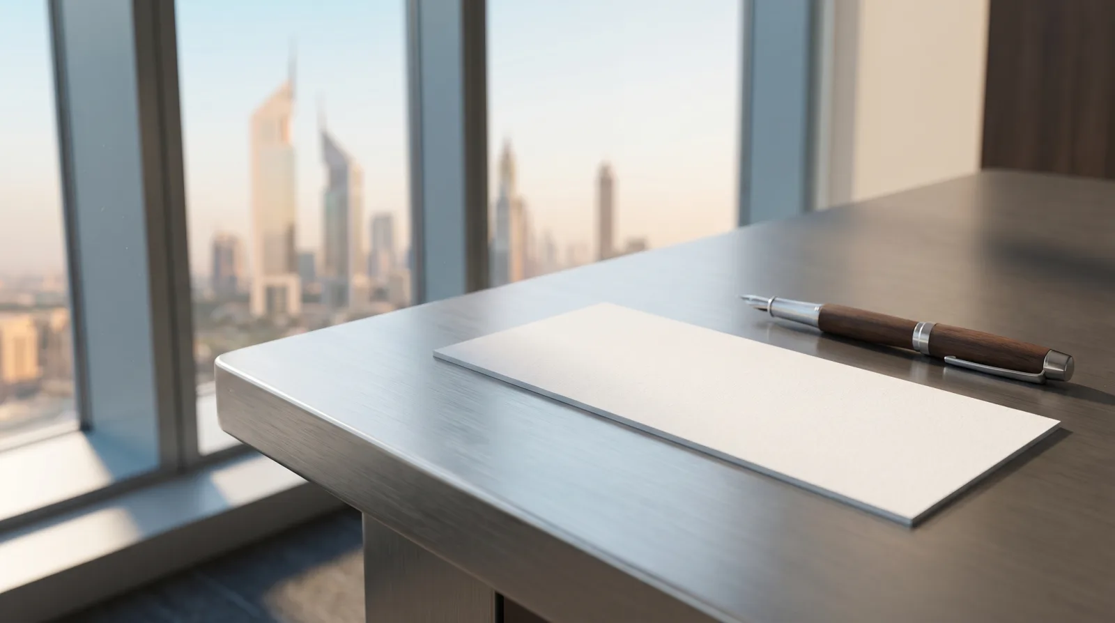 A blank bank cheque and a pen on a desk with the Dubai skyline blurred in the background, illustrating UAE post-dated and security cheque rules.