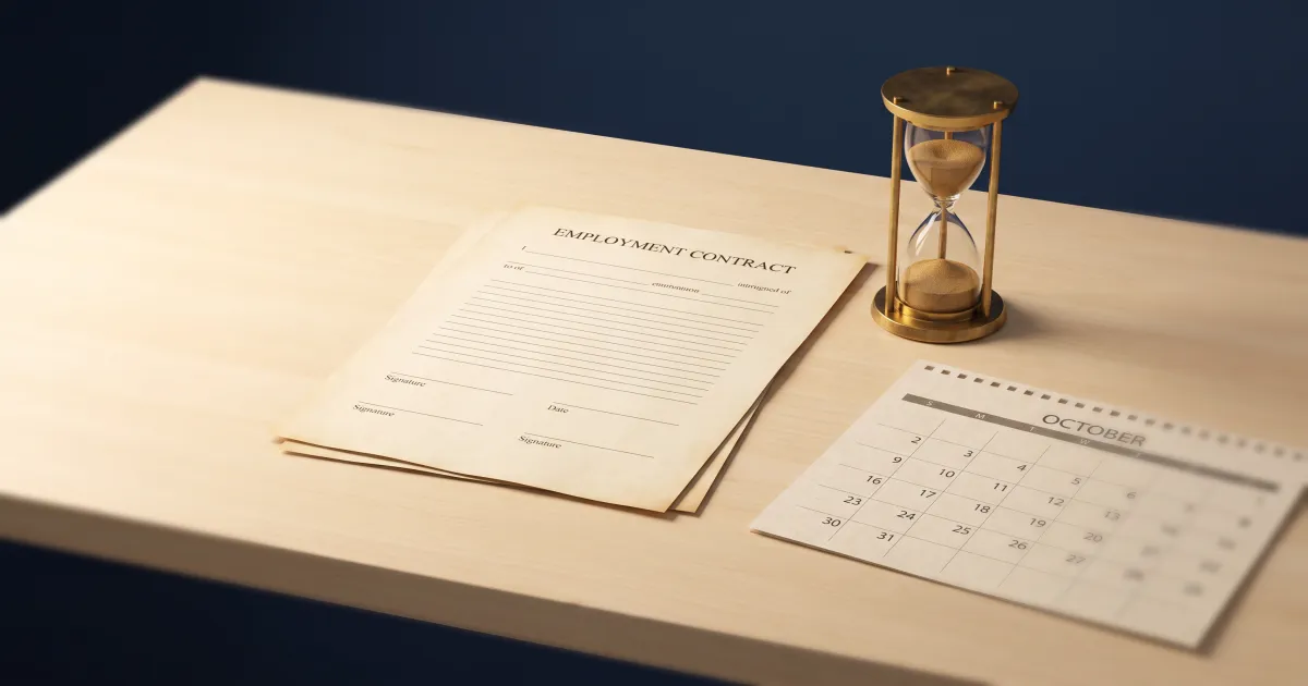 Flat-lay of an unsigned UAE employment contract, a brass hourglass and a fading calendar grid on navy