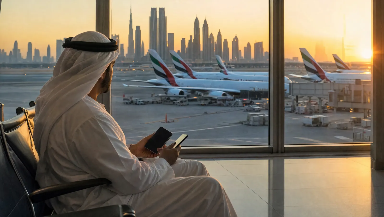 A traveller checking documents on a phone in an airport departure lounge before flying to the UAE