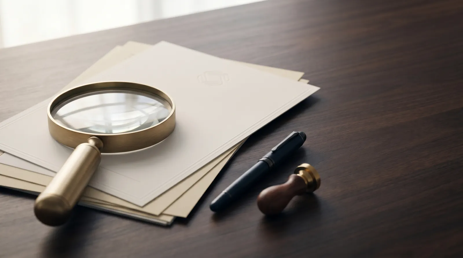 Brass magnifying glass over an embossed registration certificate on a dark notary desk, evoking a UAE trademark availability search