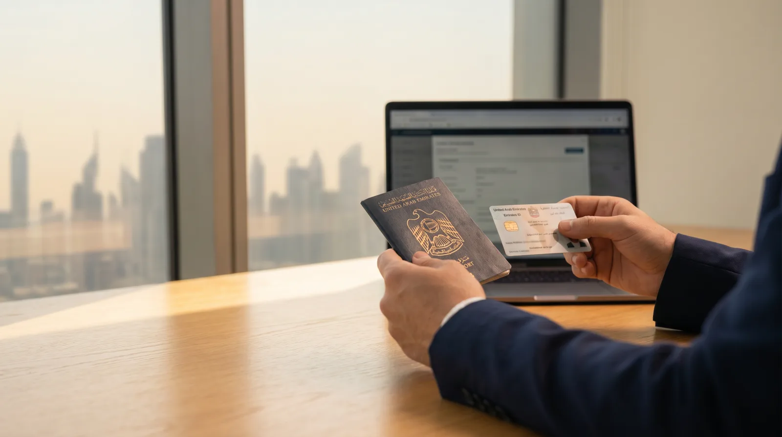 Hands holding a UAE passport and Emirates ID at a desk with a laptop and a blurred Dubai skyline, representing checking residence-visa cancellation status online.