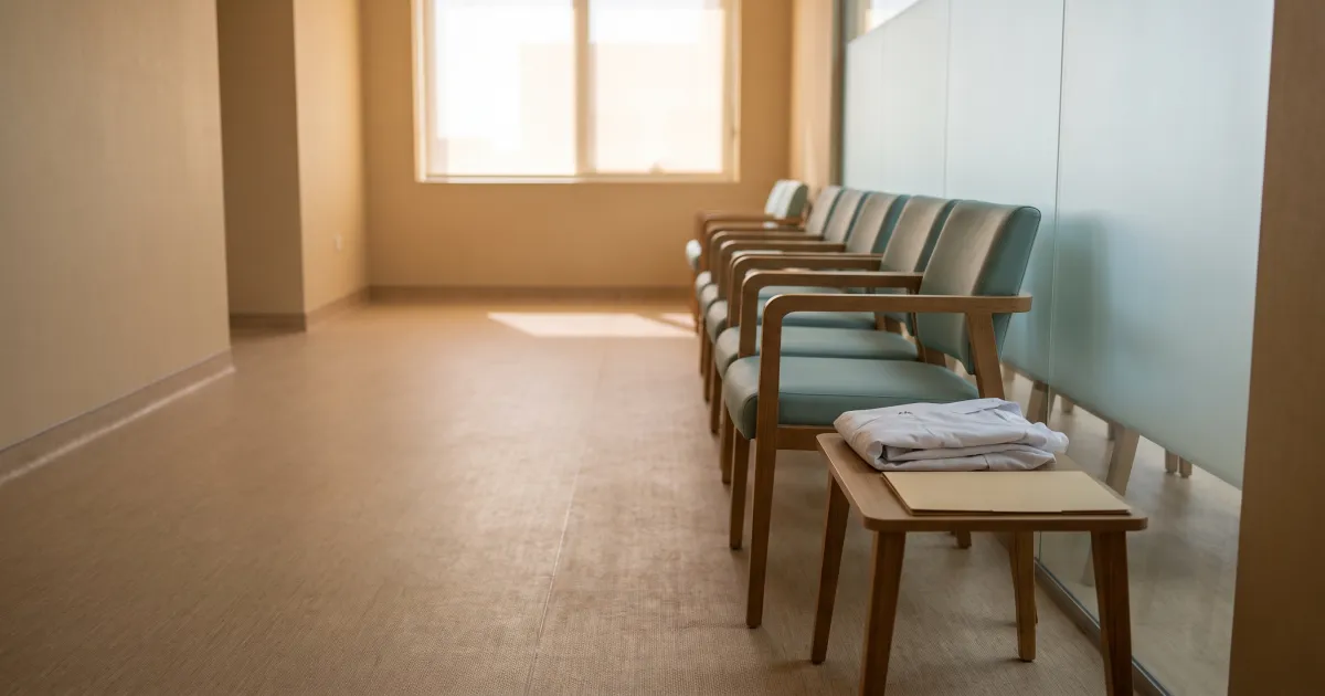 An empty, softly lit medical screening clinic corridor with waiting chairs and a folded examination gown on a side table