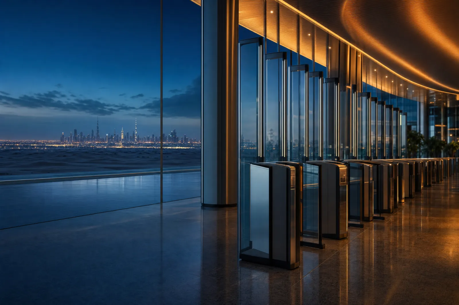 Modern airport immigration hall with a row of glass smart gates and a distant city skyline at dusk, symbolising new UAE residence tracks