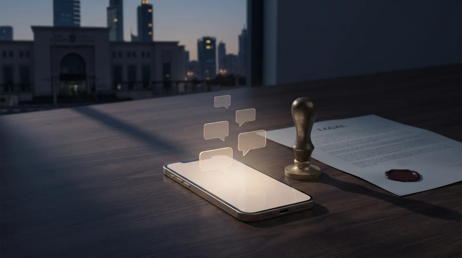 A smartphone showing a chat bubble on a notary-style desk beside a Dubai courthouse and official stamp, signalling a digital defamation complaint