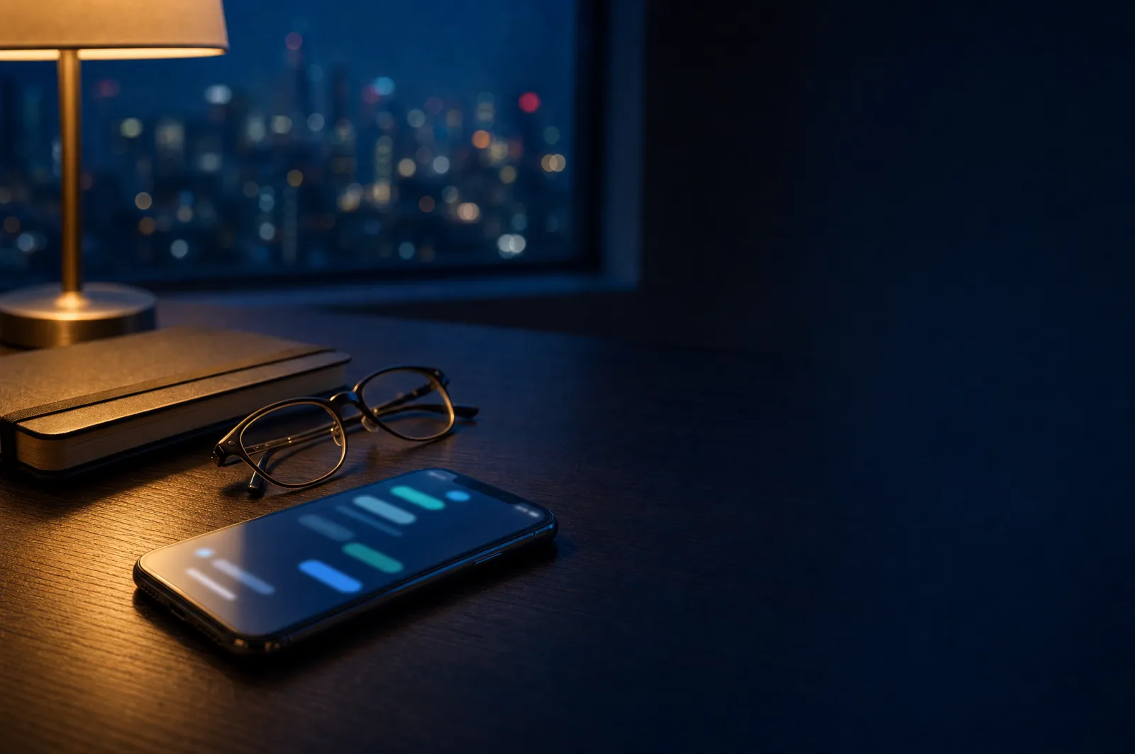Smartphone with a glowing messaging screen on a dark desk beside glasses and a notebook at night